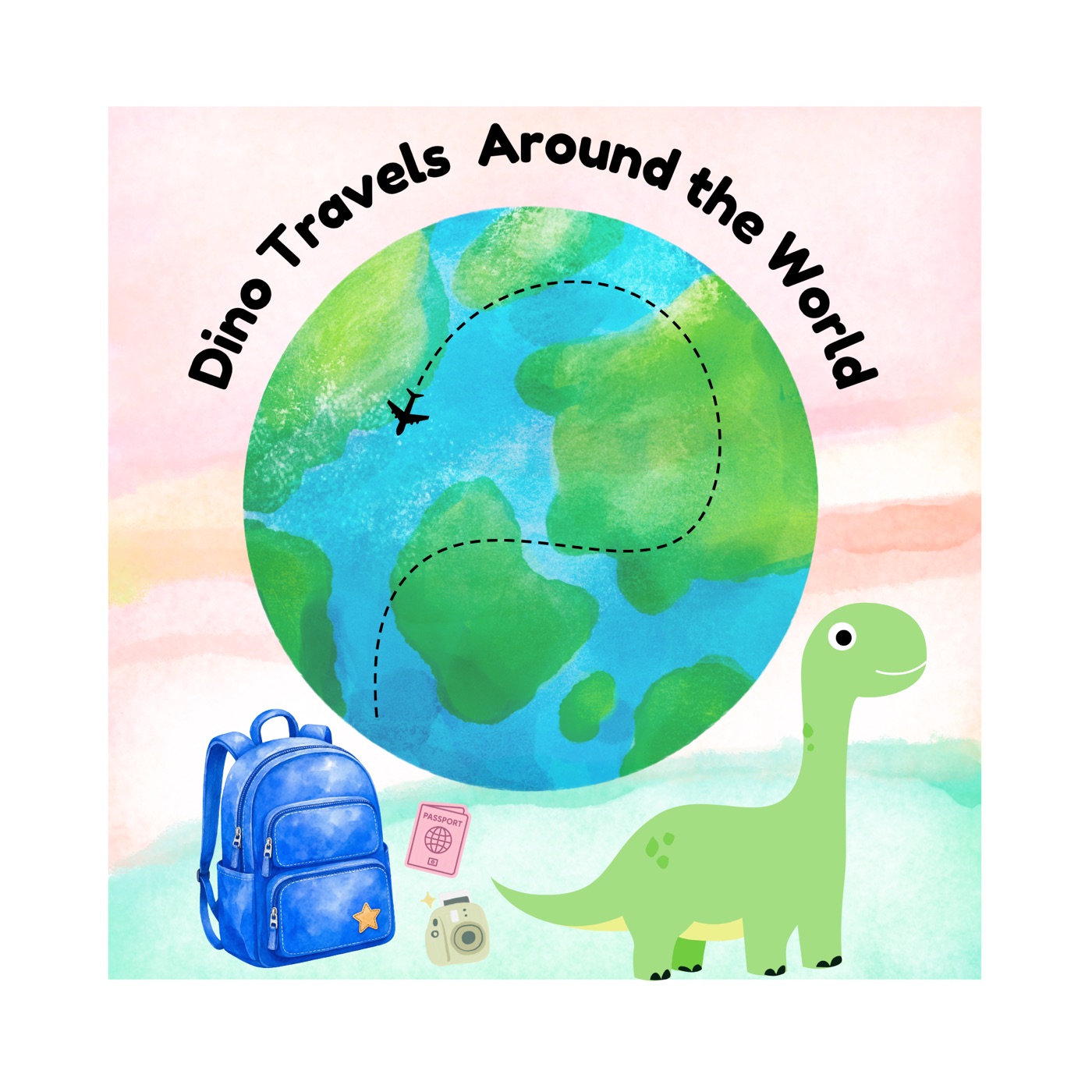 Dino Travels Around the World — watercolor globe, backpack, and a green dinosaur