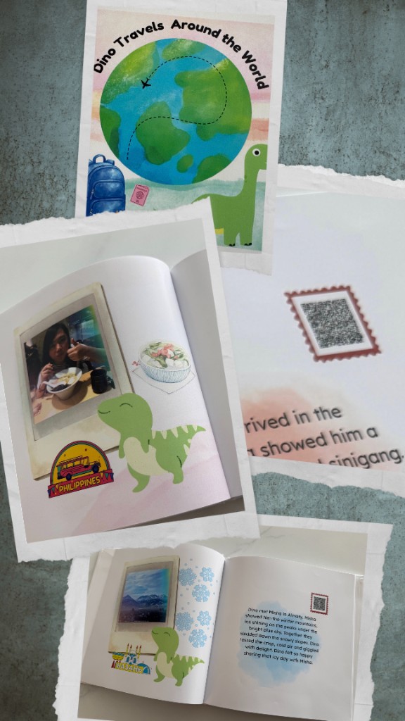 Open Kinnectar pages: Dino’s cover, a Philippines spread with a real photo and tangy soup, a QR stamp, and a snowy Kazakhstan spread